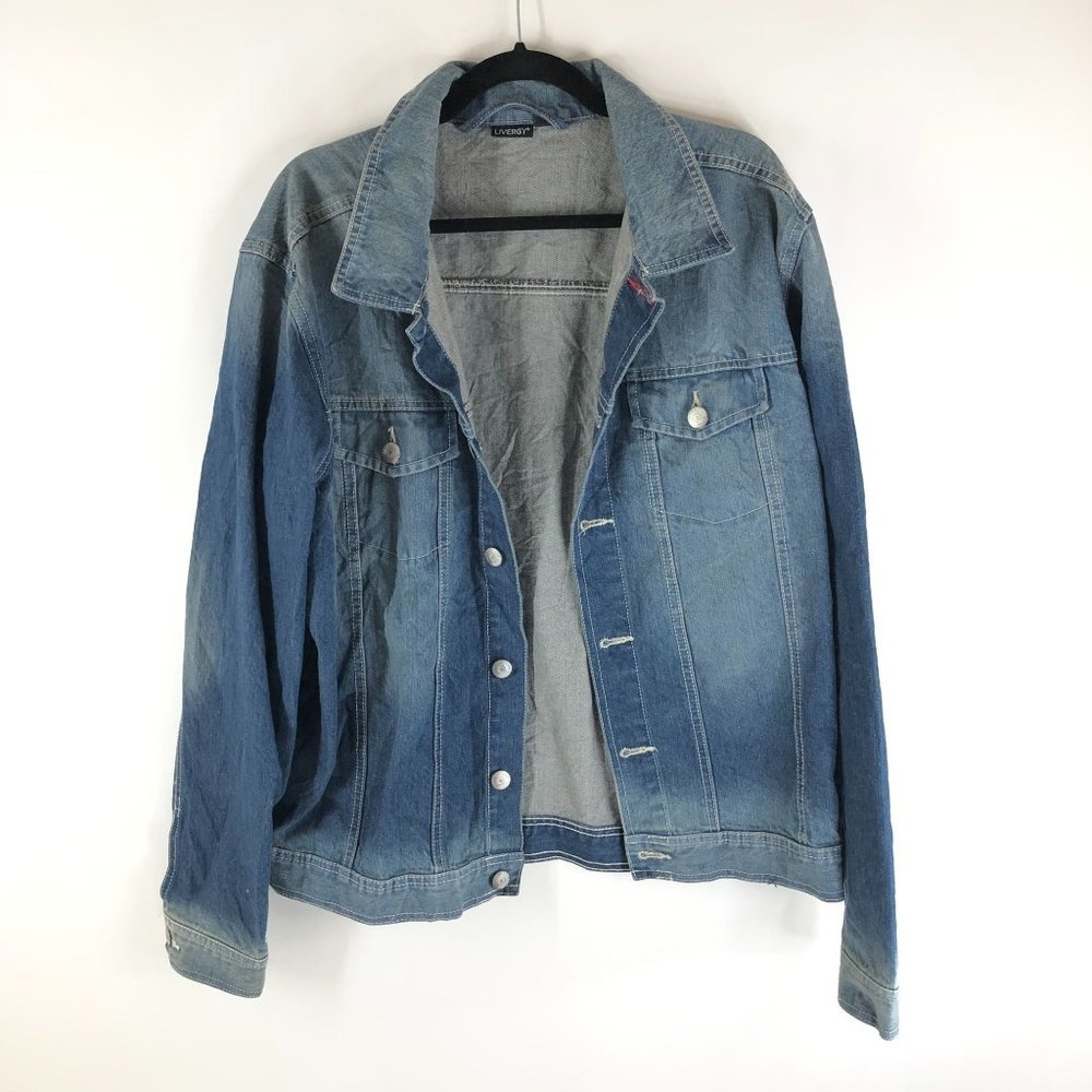 Livergy Mens Denim Jacket Retro Trucker Fading Medium Wash Blue L